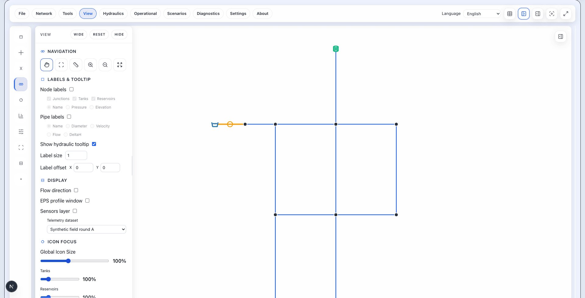 WatDis Free in English after successfully importing an EPANET INP network, with the network fitted to the canvas.