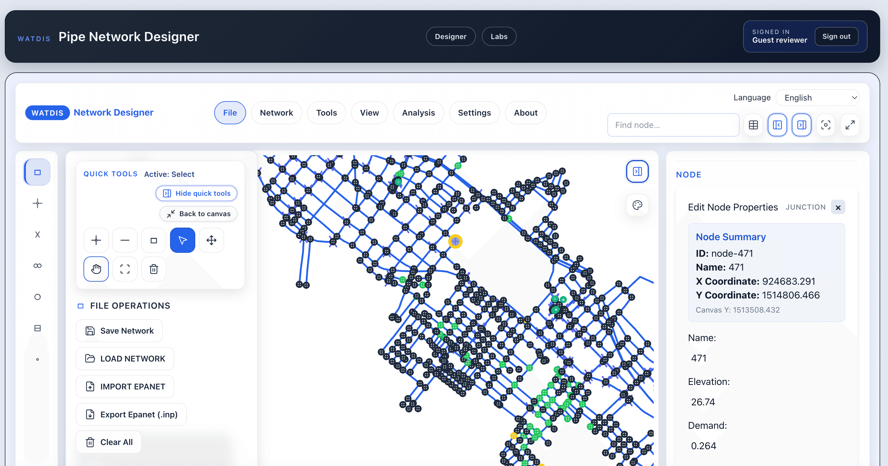 WatDis Studio main view with network canvas and analysis panels.